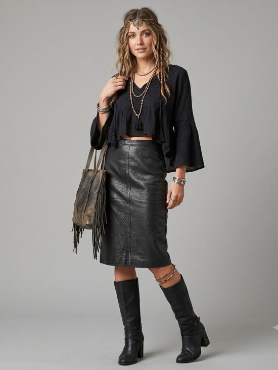 Pour Le Sport Dresses & Skirts - Pour Le Sport Size 6 Vintage Boho Black Pebbled Leather Midi Skirt